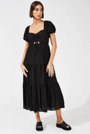 Black Midi Dress Puff Sleeve Ruch Front Bridge Walk