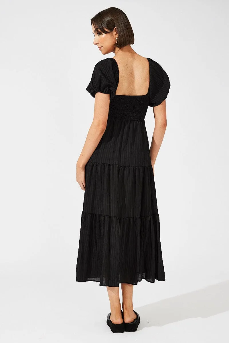 Wood Deck Flower Lane Black Midi Dress Puff Sleeve Ruch Front