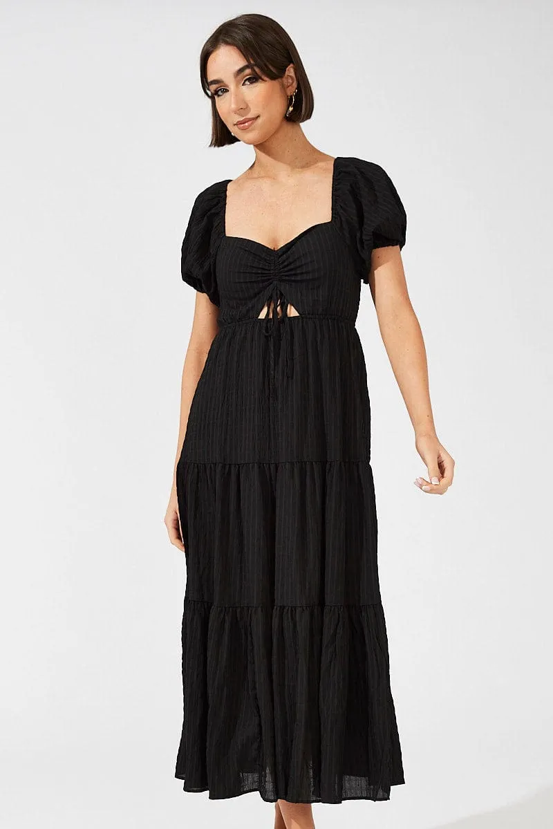 Flattering Layers Black Midi Dress Puff Sleeve Ruch Front
