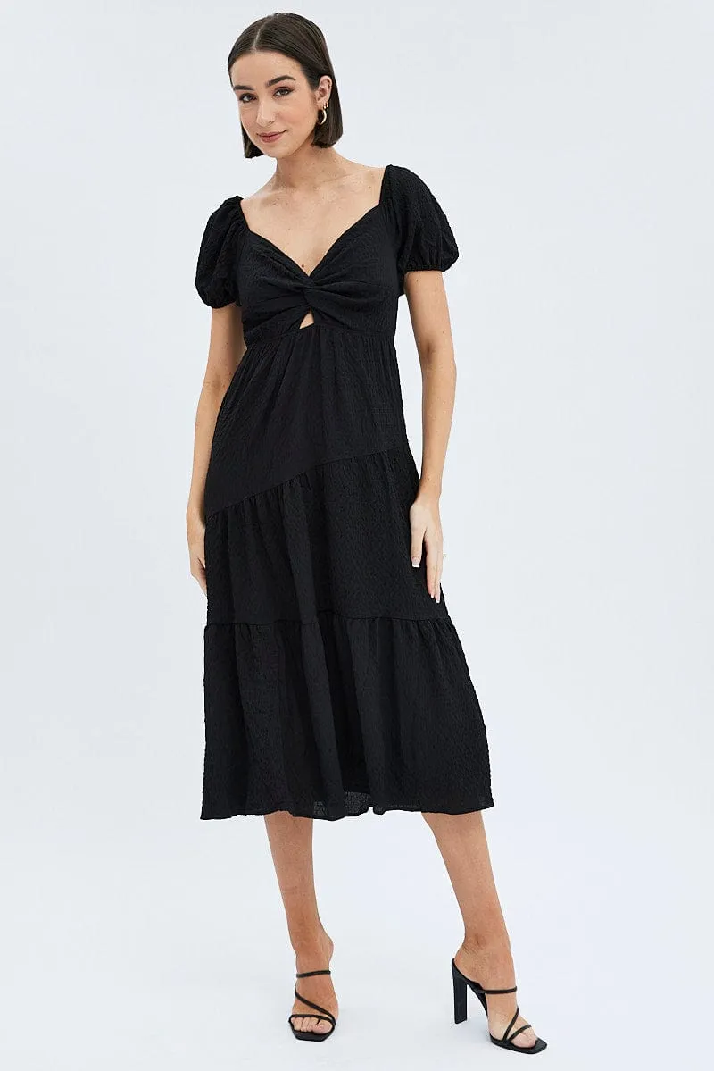 Black Midi Dress Short Sleeve Cut Out summer breeze