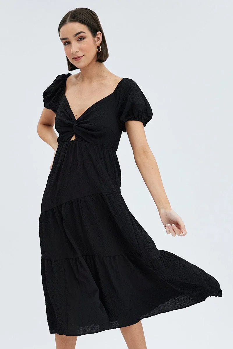 Black Midi Dress Short Sleeve Cut Out Chorus Night Polished Look