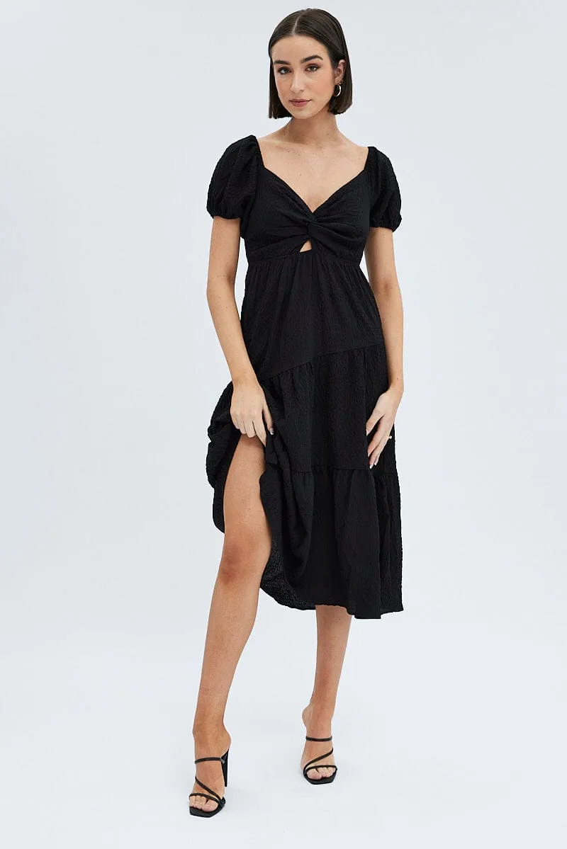 Chic and Simple European Charm Black Midi Dress Short Sleeve Cut Out