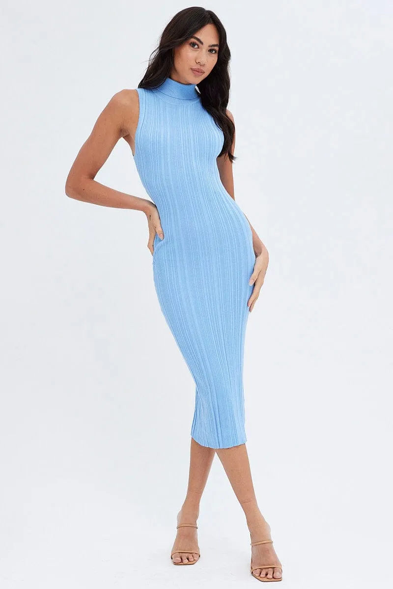 Easy Fit Dance Floor Blue Midi Dress Turtle Neck Bodycon Knitted Rib