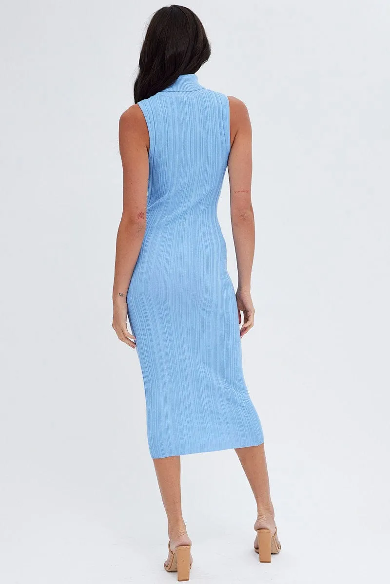 Blue Midi Dress Turtle Neck Bodycon Knitted Rib Glacier Edge One Step Look