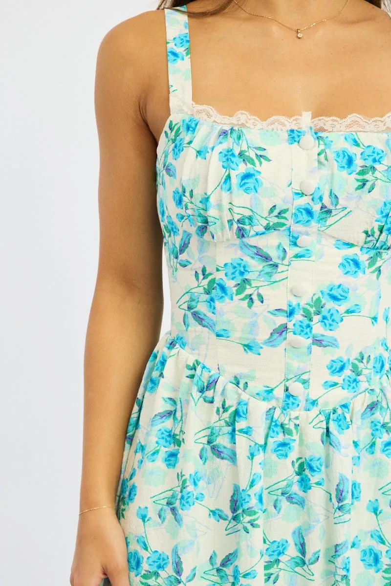 Practical yet fashionable midi Blue Floral Midi Dress Gathered Bust Lace Trim