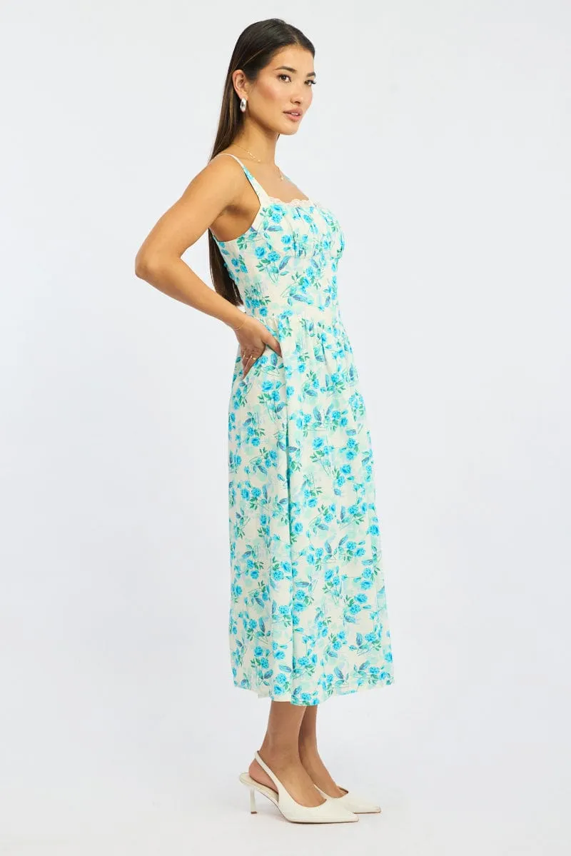 Blue Floral Midi Dress Gathered Bust Lace Trim Polished Ease