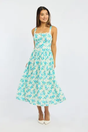 Feast Table Film Night Blue Floral Midi Dress Gathered Bust Lace Trim