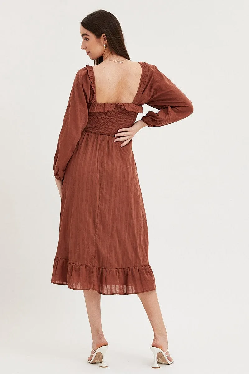 Harbor Dock Brown Midi Dress Long Sleeve Evening