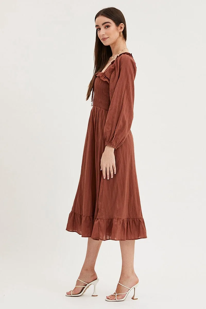 Comfortable daytime dress Brown Midi Dress Long Sleeve Evening