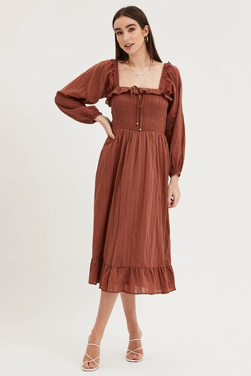 Sequin Glow Brown Midi Dress Long Sleeve Evening