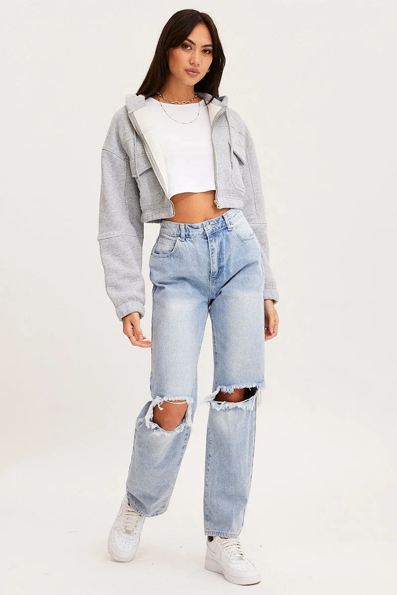Grey Zip Front Hoodie Long Sleeve product tweed warmth