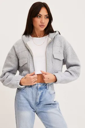 Grey Zip Front Hoodie Long Sleeve product houndstooth sophistication Trendy Wear