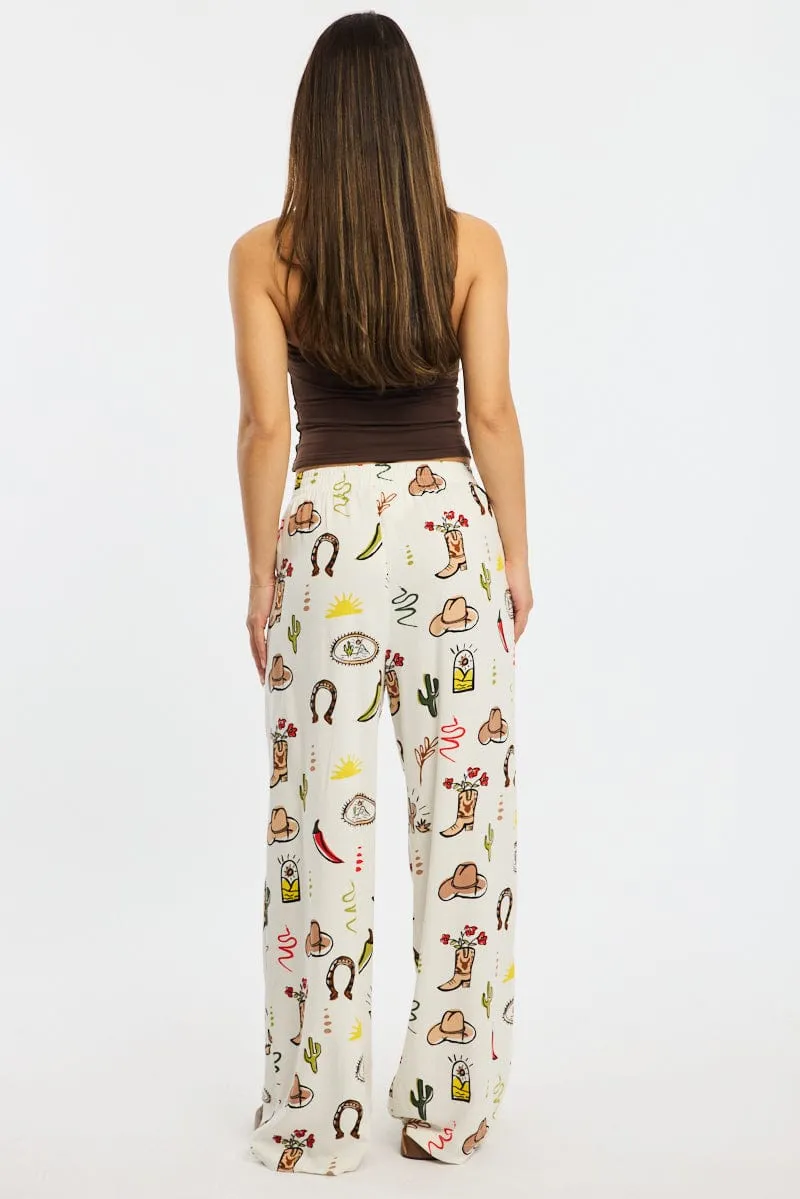 Multi Abstract Wide Leg Pants Elasticated Waist Layer Comfort Flattering Comfort Wear