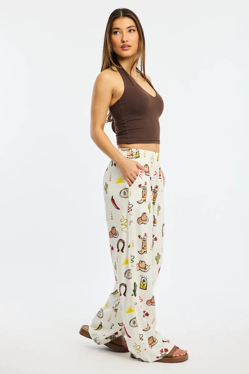 Tagless Labeling Multi Abstract Wide Leg Pants Elasticated Waist