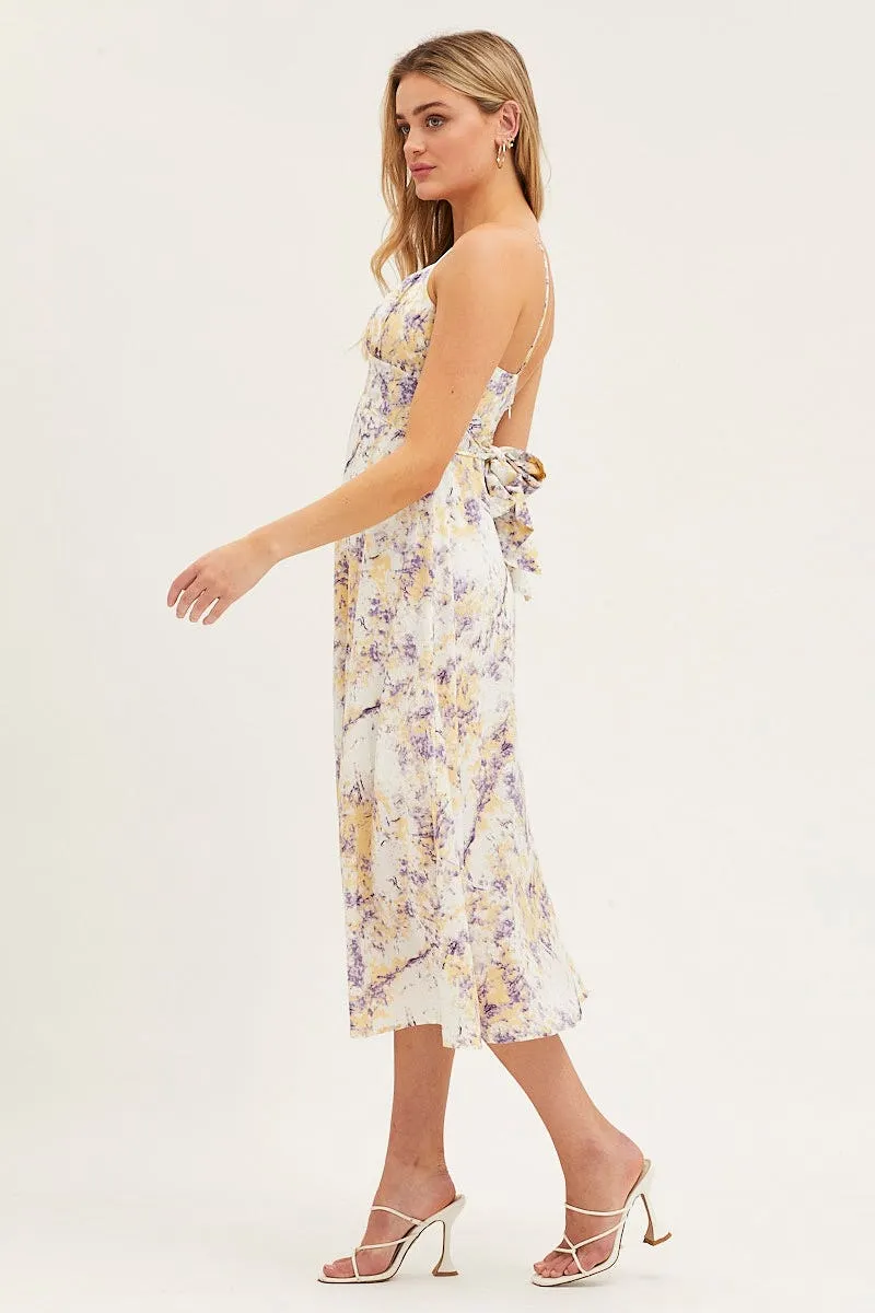 Abstract Print Gathered Bust Tie Back Midi Dress Chic everyday outfit Glass Glow