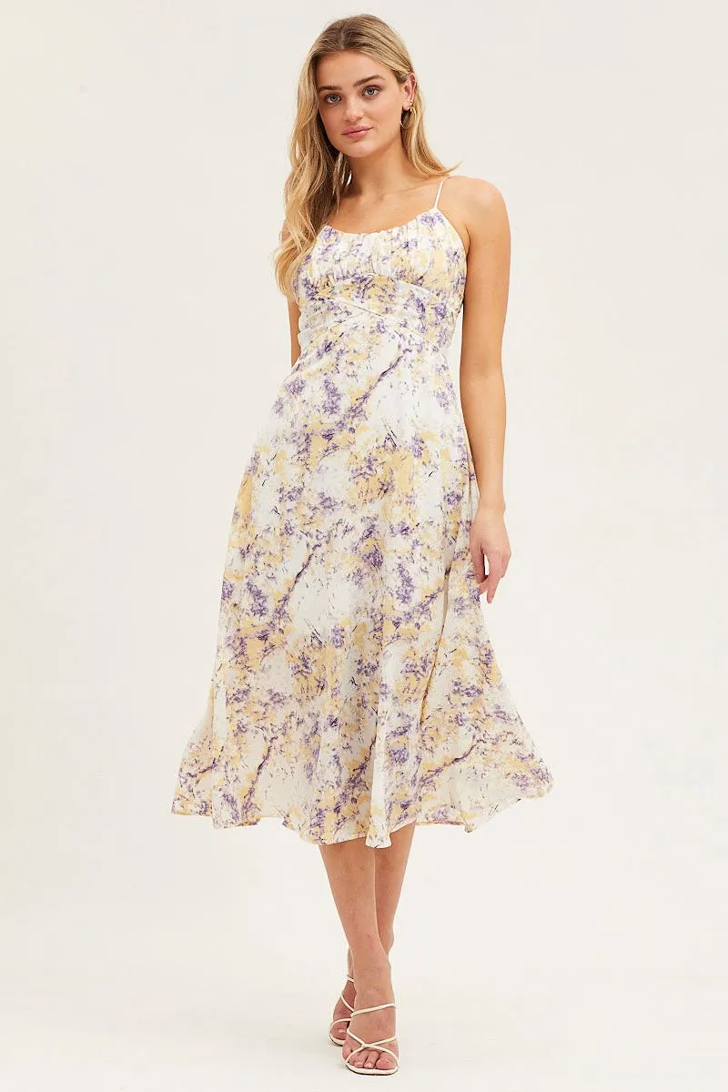 Abstract Print Gathered Bust Tie Back Midi Dress Urban Grace