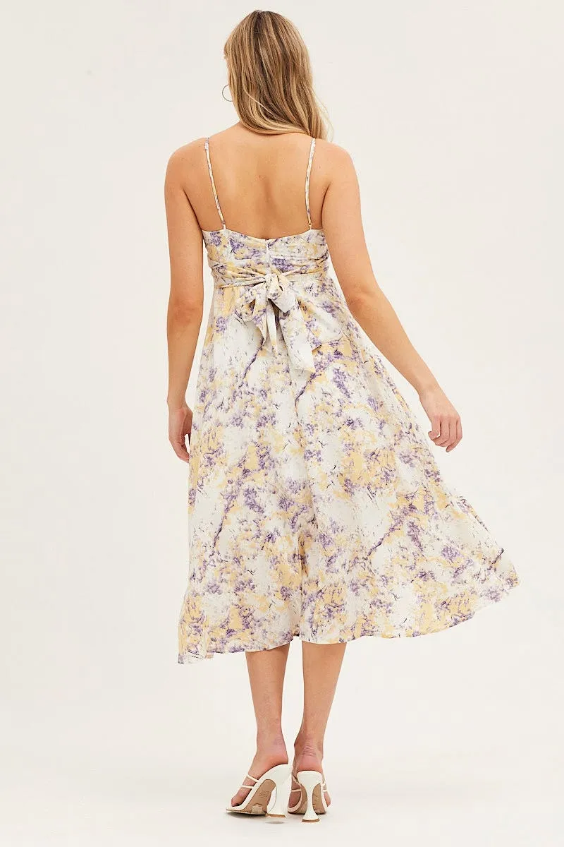Abstract Print Gathered Bust Tie Back Midi Dress Gentle Power Elegant office dress