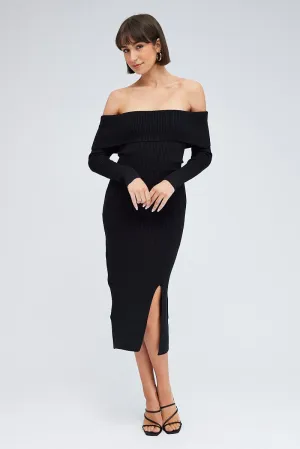 Black Midi Dress Long Sleeve Off Shoulder Bardot Knit Polished Comfort