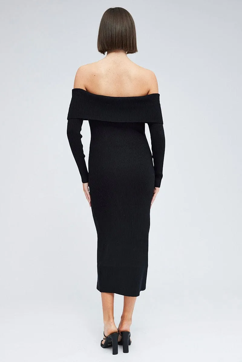 Metro Stop Cherry Grove Black Midi Dress Long Sleeve Off Shoulder Bardot Knit
