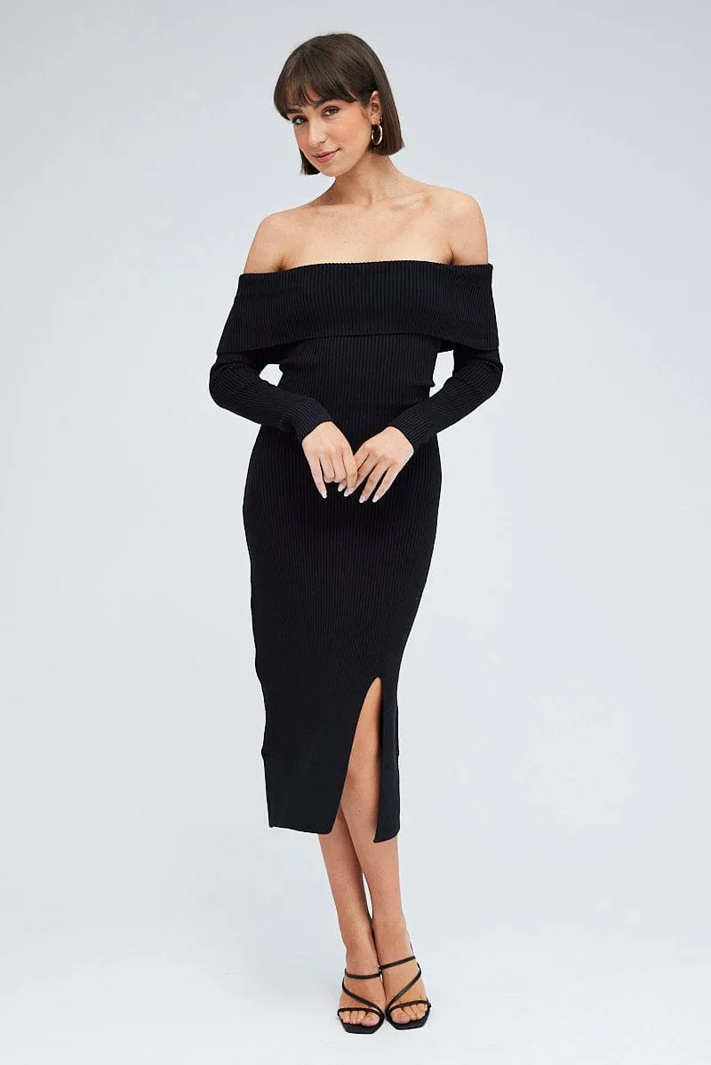 Black Midi Dress Long Sleeve Off Shoulder Bardot Knit Polished Comfort