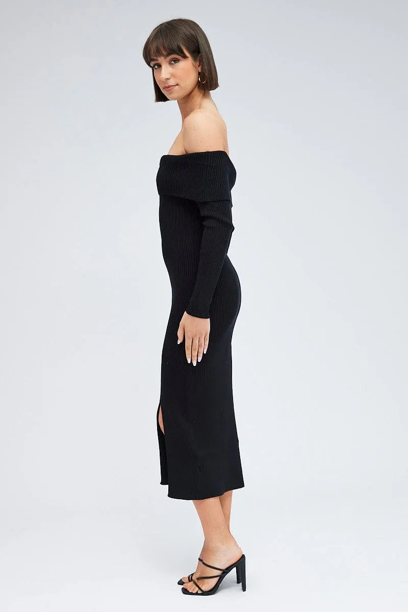 Breathable fabric Relaxed Comfort Black Midi Dress Long Sleeve Off Shoulder Bardot Knit
