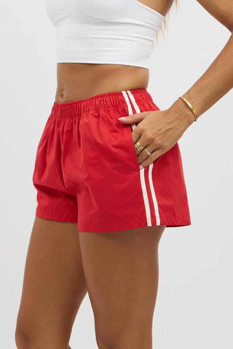 Red Track Shorts Side Stripe Tear Resistant Panels Slip Resistant Inner Grip