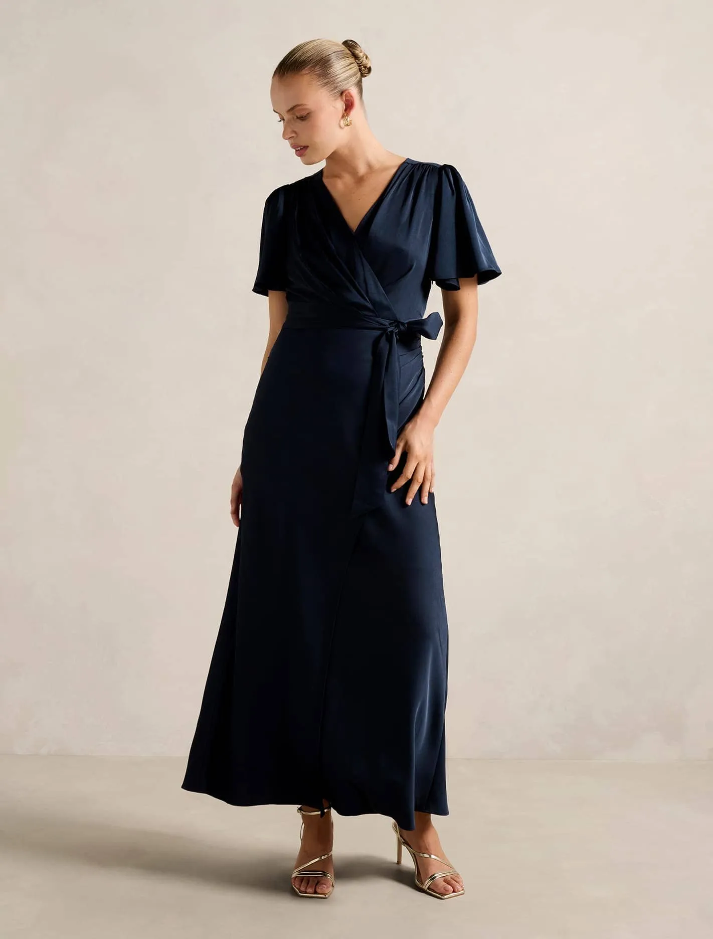Fringe Glow Chelsea Flutter Sleeve Satin Maxi Dress