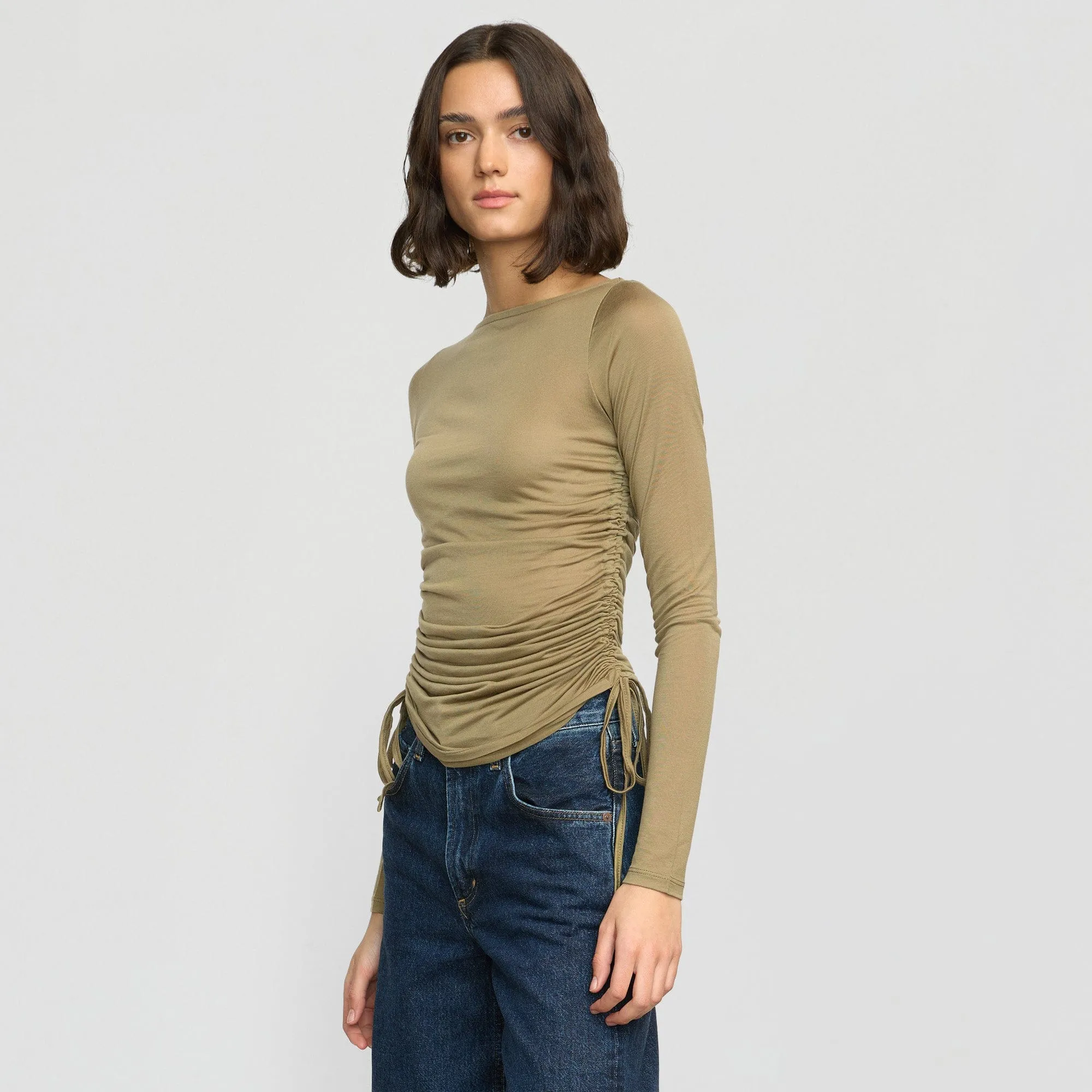 Joan Tencel Ruched-Side Semi-Sheer Tee Beach relaxation