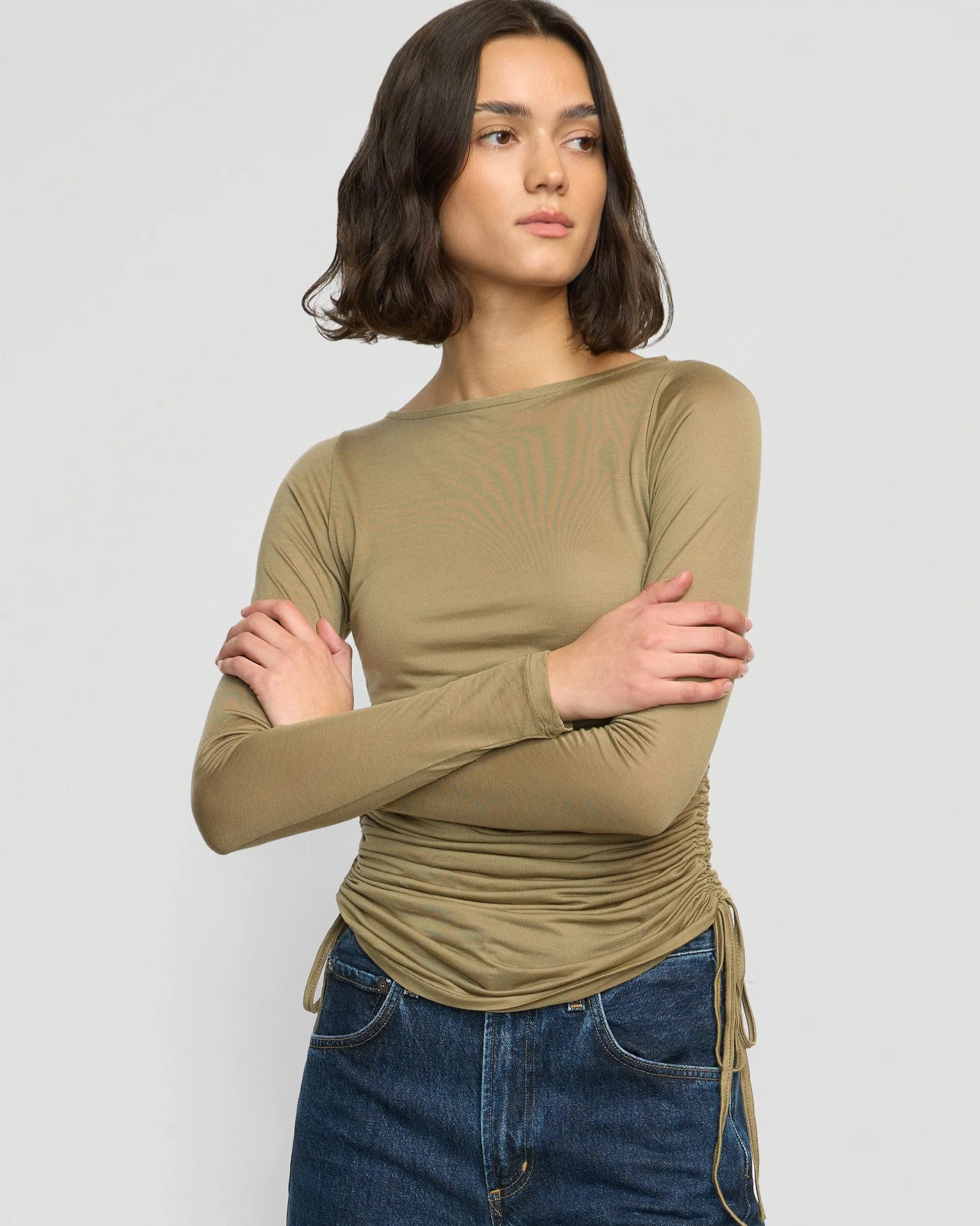 Effortless Fashion EasyCare Fabric Joan Tencel Ruched-Side Semi-Sheer Tee