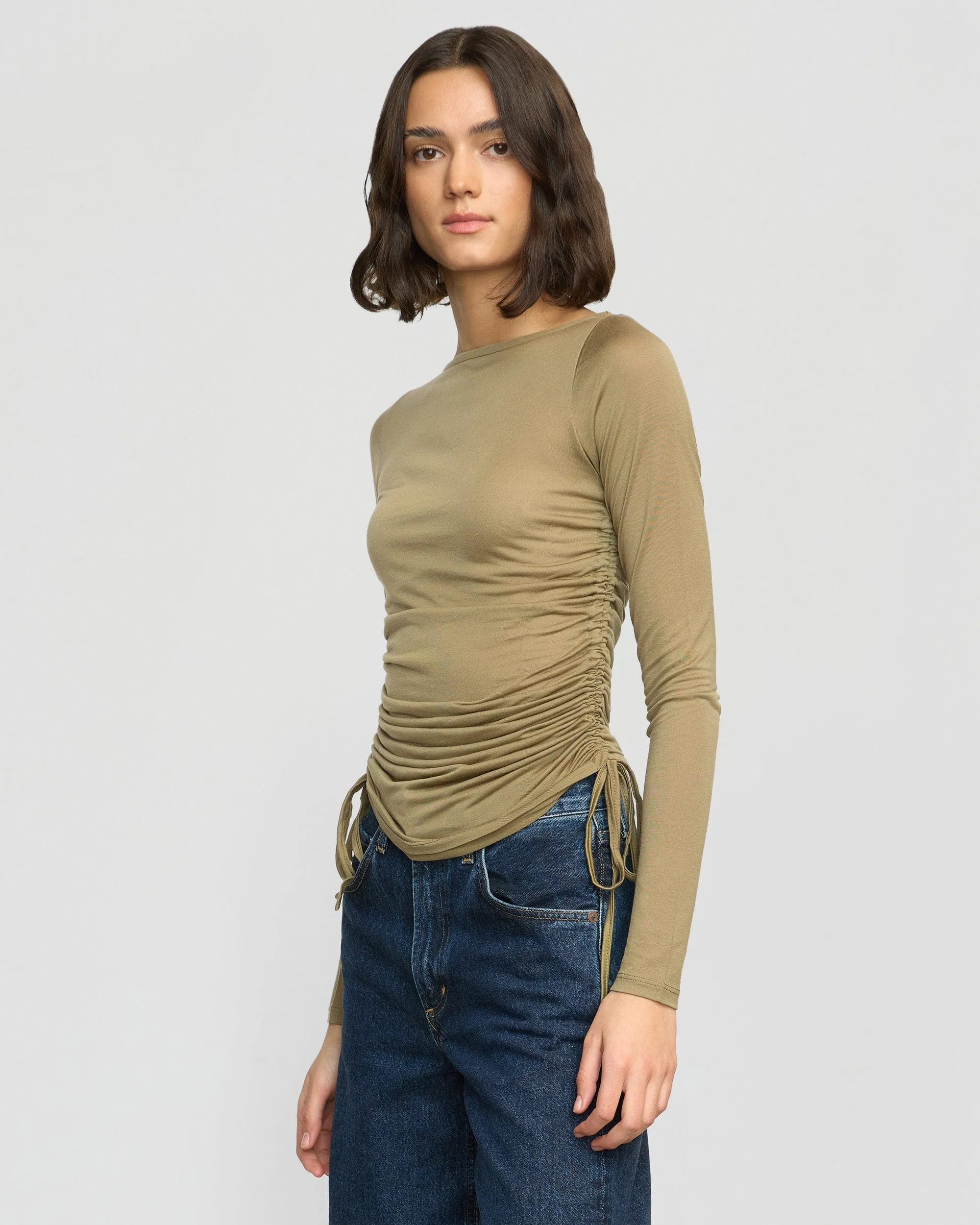 Cozy Design Joan Tencel Ruched-Side Semi-Sheer Tee