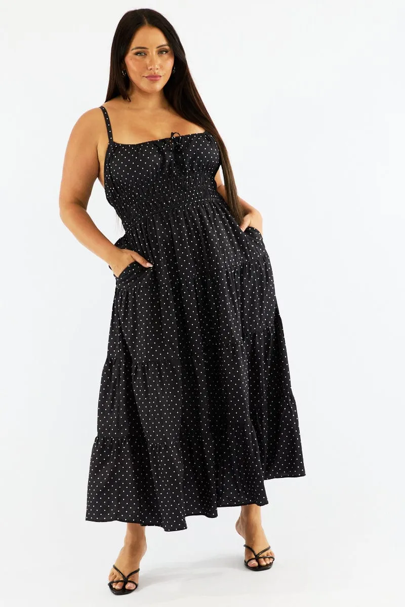 Black Polka Dot Maxi Dress Sleeveless Tiered Ruched Bust Sheer Layer Beautiful event maxi