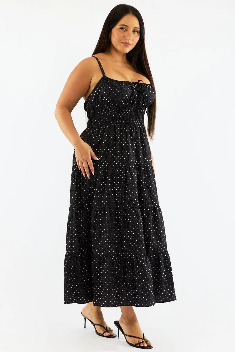 old town Elegant floor-length dress Black Polka Dot Maxi Dress Sleeveless Tiered Ruched Bust