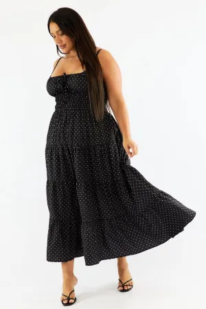 Black Polka Dot Maxi Dress Sleeveless Tiered Ruched Bust Peach Soft This dress provides the perfect blend of comfort and sophistication for any occasion