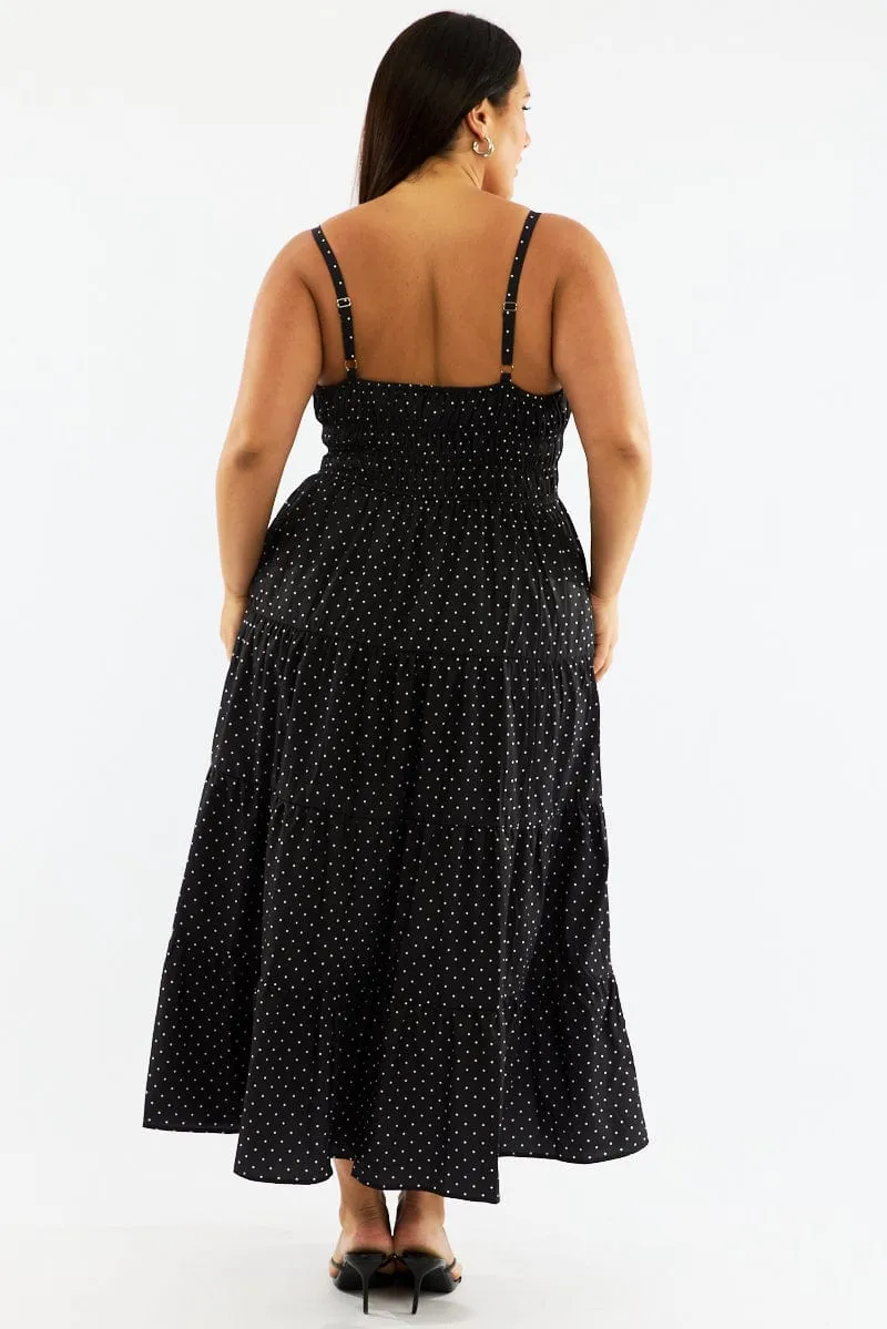 Opal Shine Black Polka Dot Maxi Dress Sleeveless Tiered Ruched Bust