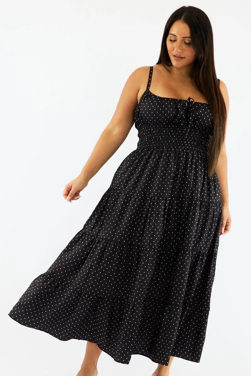 Color Sky Pleat Glow Black Polka Dot Maxi Dress Sleeveless Tiered Ruched Bust