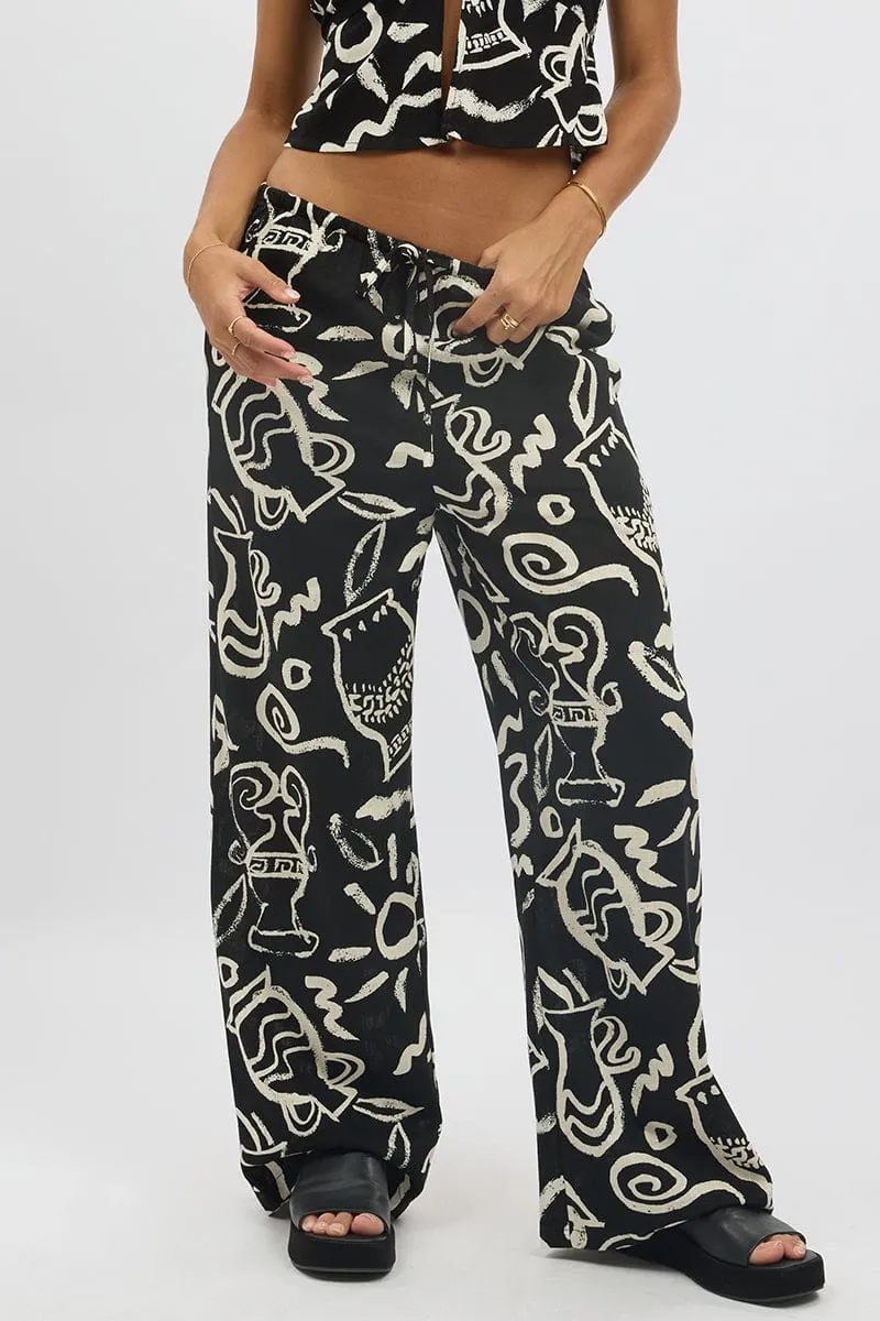 Street Utility TaglessDesign Black Abstract Wide Leg Pants High Rise