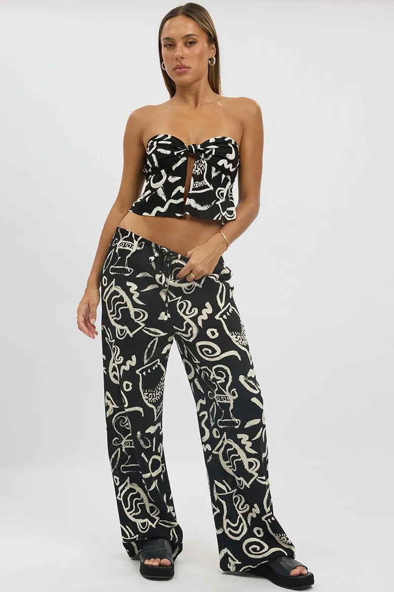 Timeless Comfort Wear Black Abstract Wide Leg Pants High Rise