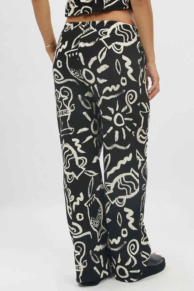 Black Abstract Wide Leg Pants High Rise Classic Look