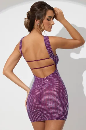 Comfortable summer outing dress Elegant short cocktail dress Embellished Low Back Neck Strap Mini Dress in Plum