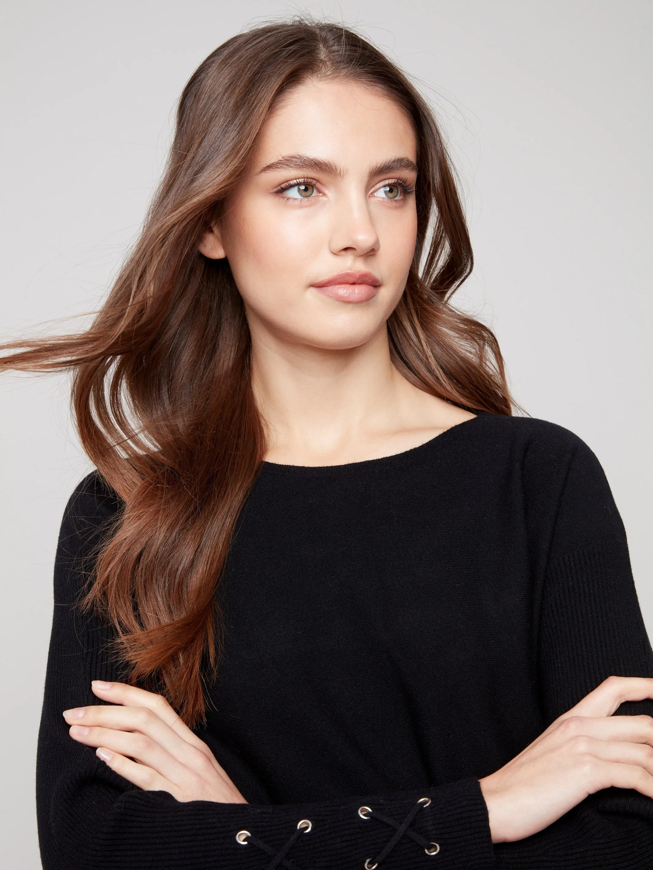Modern Look Cozy Style Knit Sweater With Lace-Up Cuffs - Black