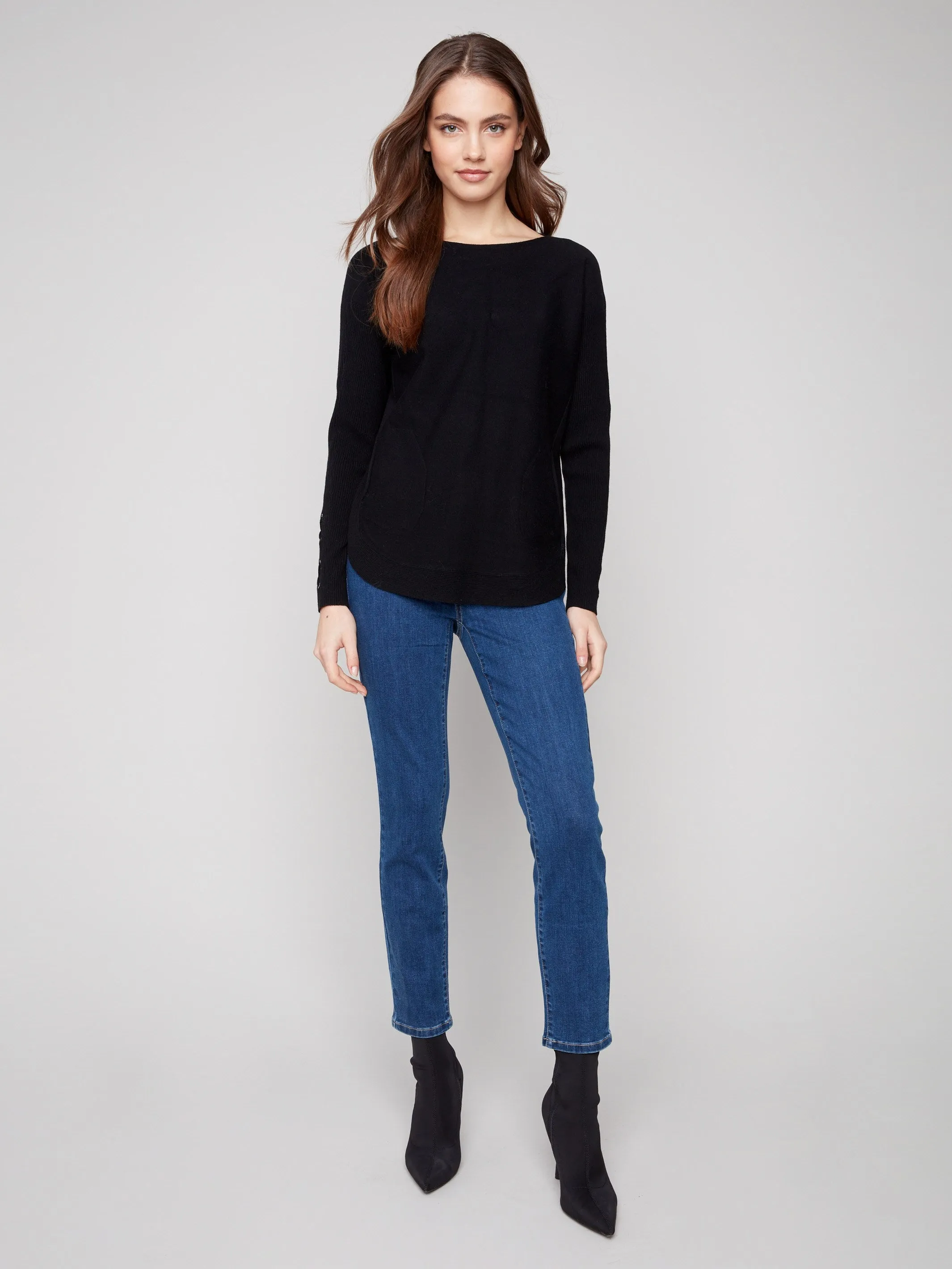 Textured Weave Knit Sweater With Lace-Up Cuffs - Black