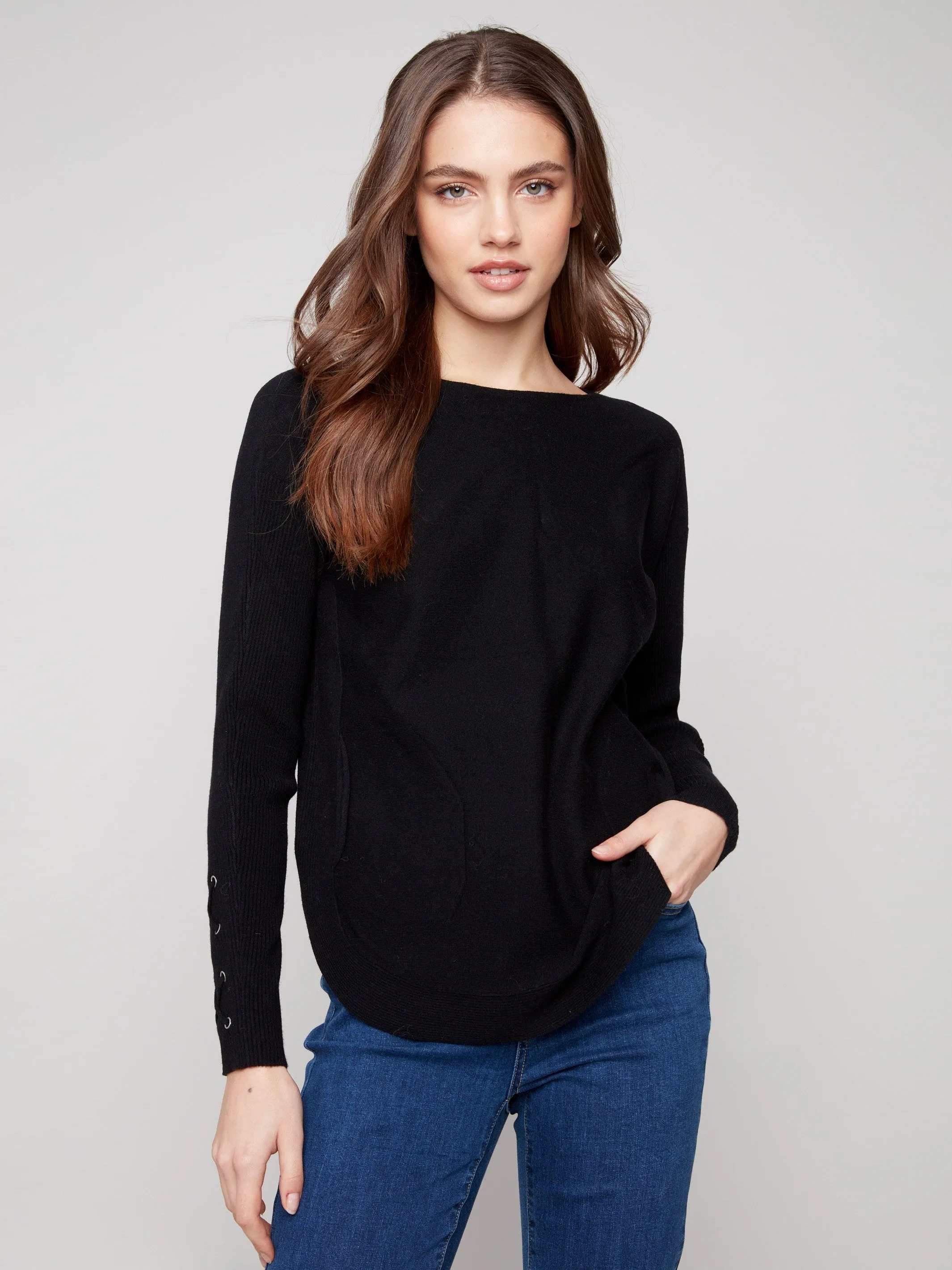 Knit Sweater With Lace-Up Cuffs - Black Warm Fashion