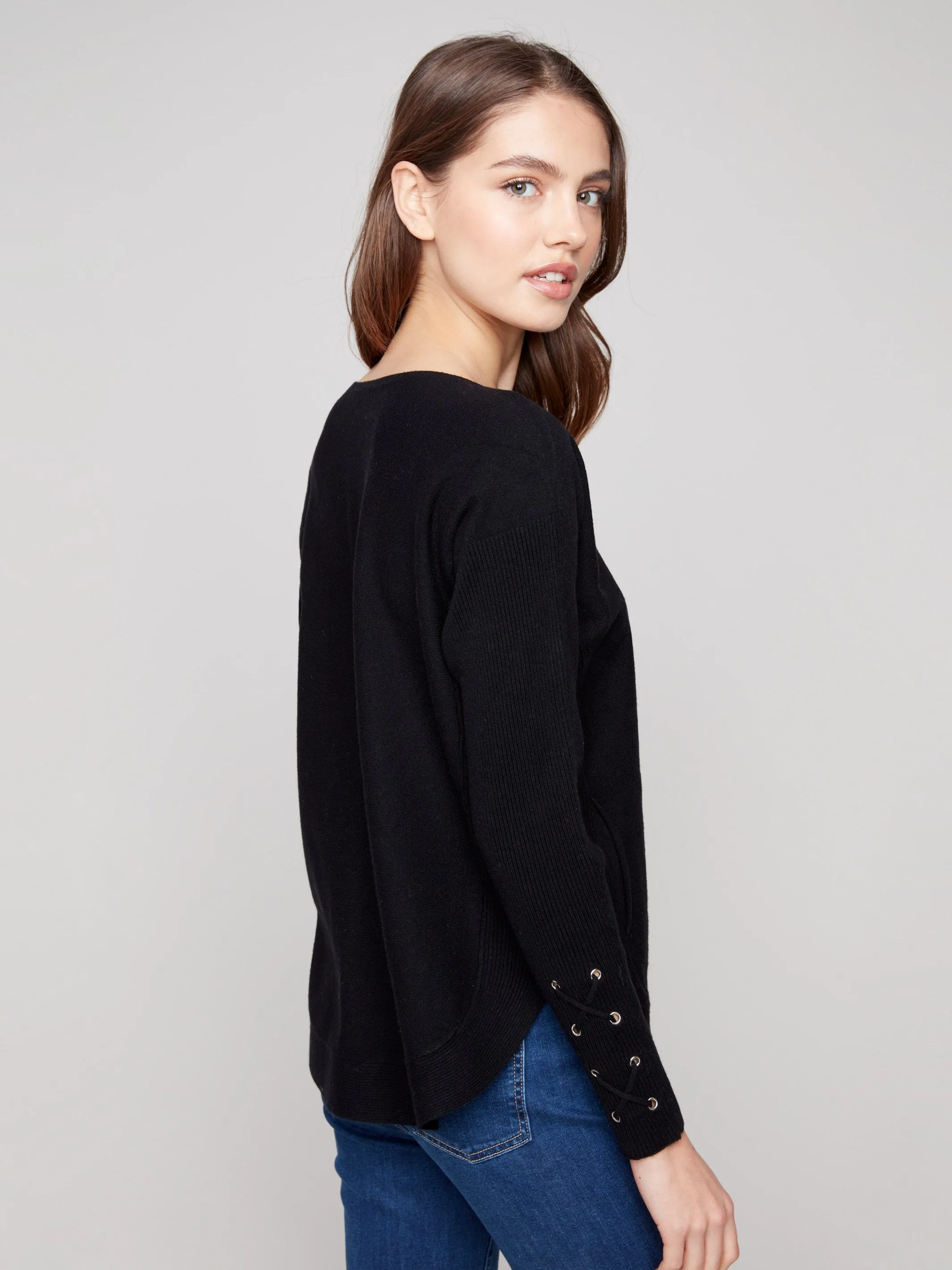 Knit Sweater With Lace-Up Cuffs - Black Elegant Comfort Everyday Cozy
