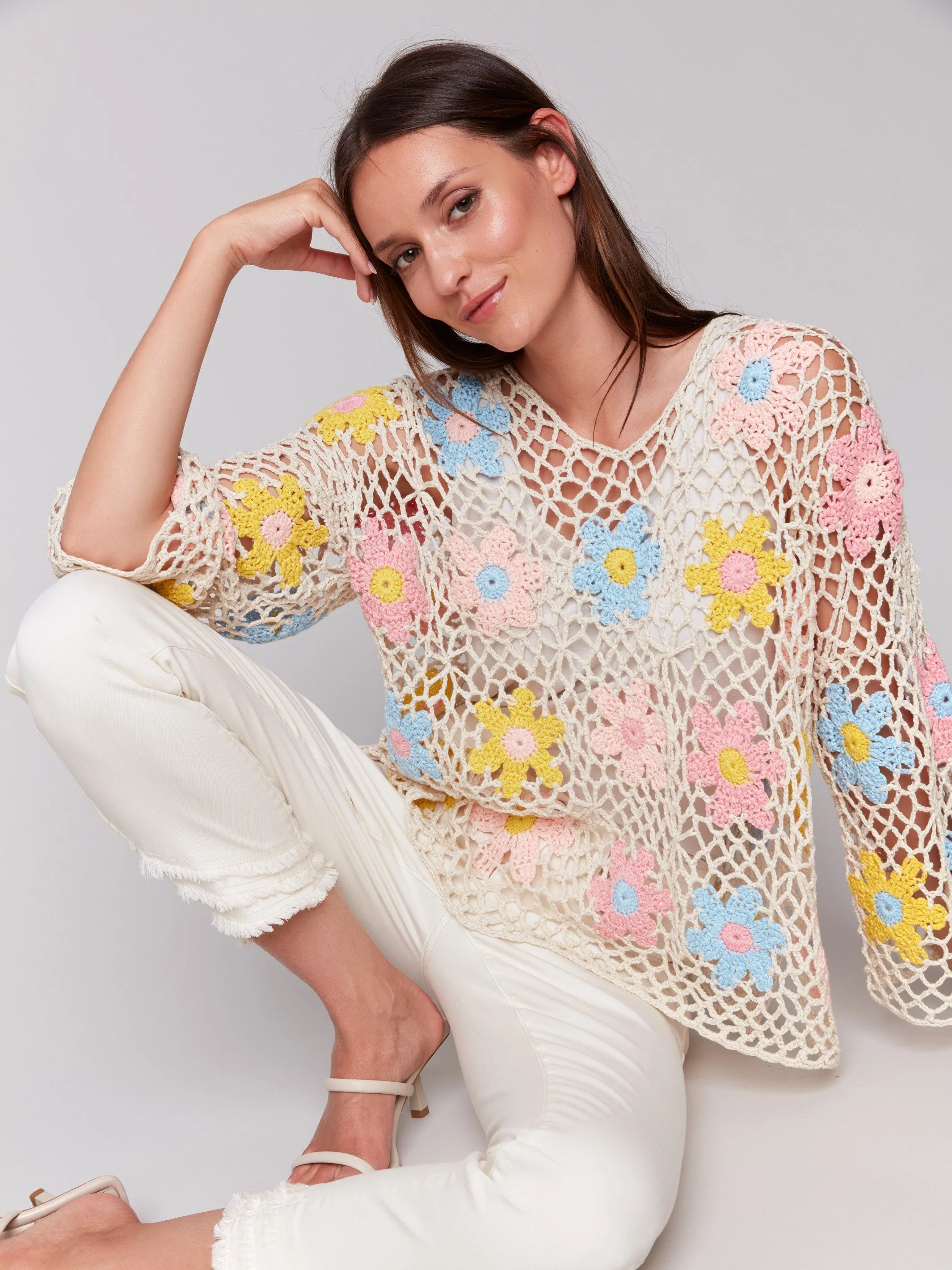 Handcrafted Floral Crochet Top - Natural Layered Thermal Core
