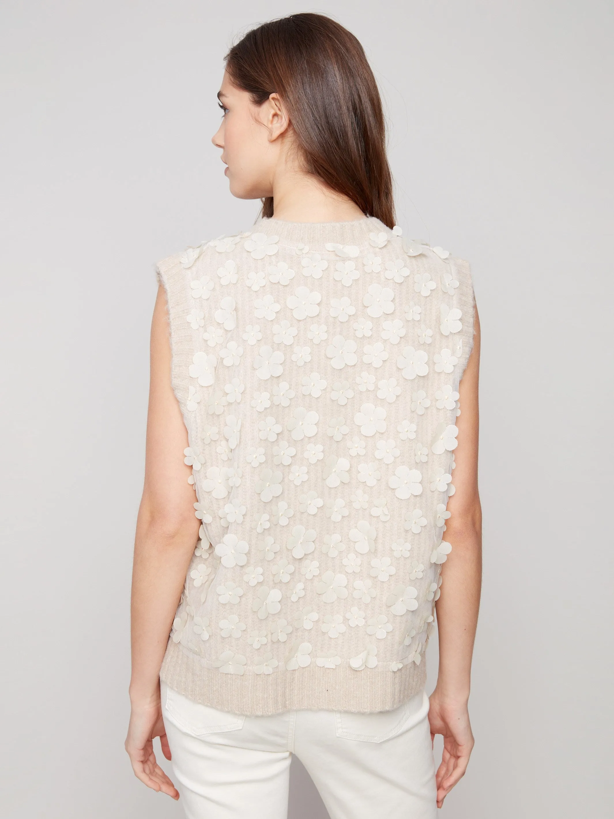 Floral Mesh V-Neck Sweater Vest - Heather Oat Lightweight insulation Warm Touch