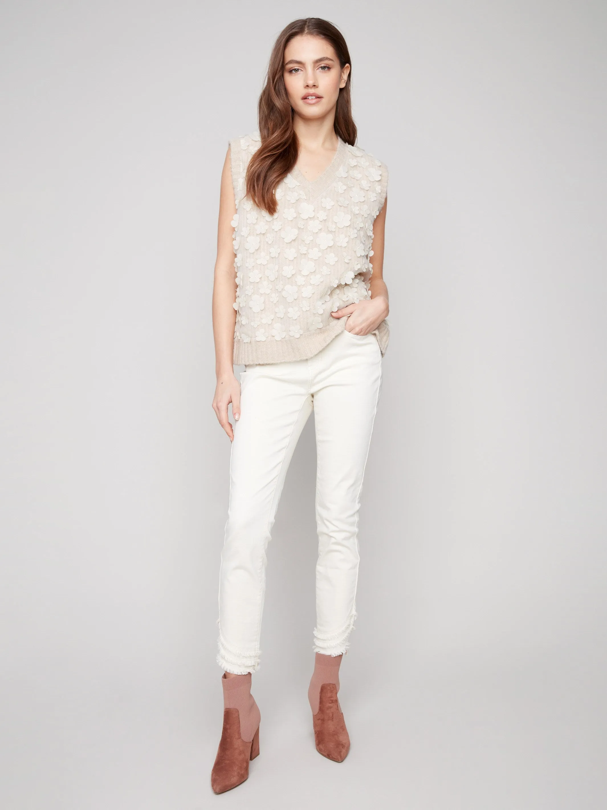 Floral Mesh V-Neck Sweater Vest - Heather Oat Sustainable Production Certified