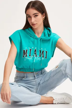 Green Crop Hooded Sweat Short Sleeve Work Wear