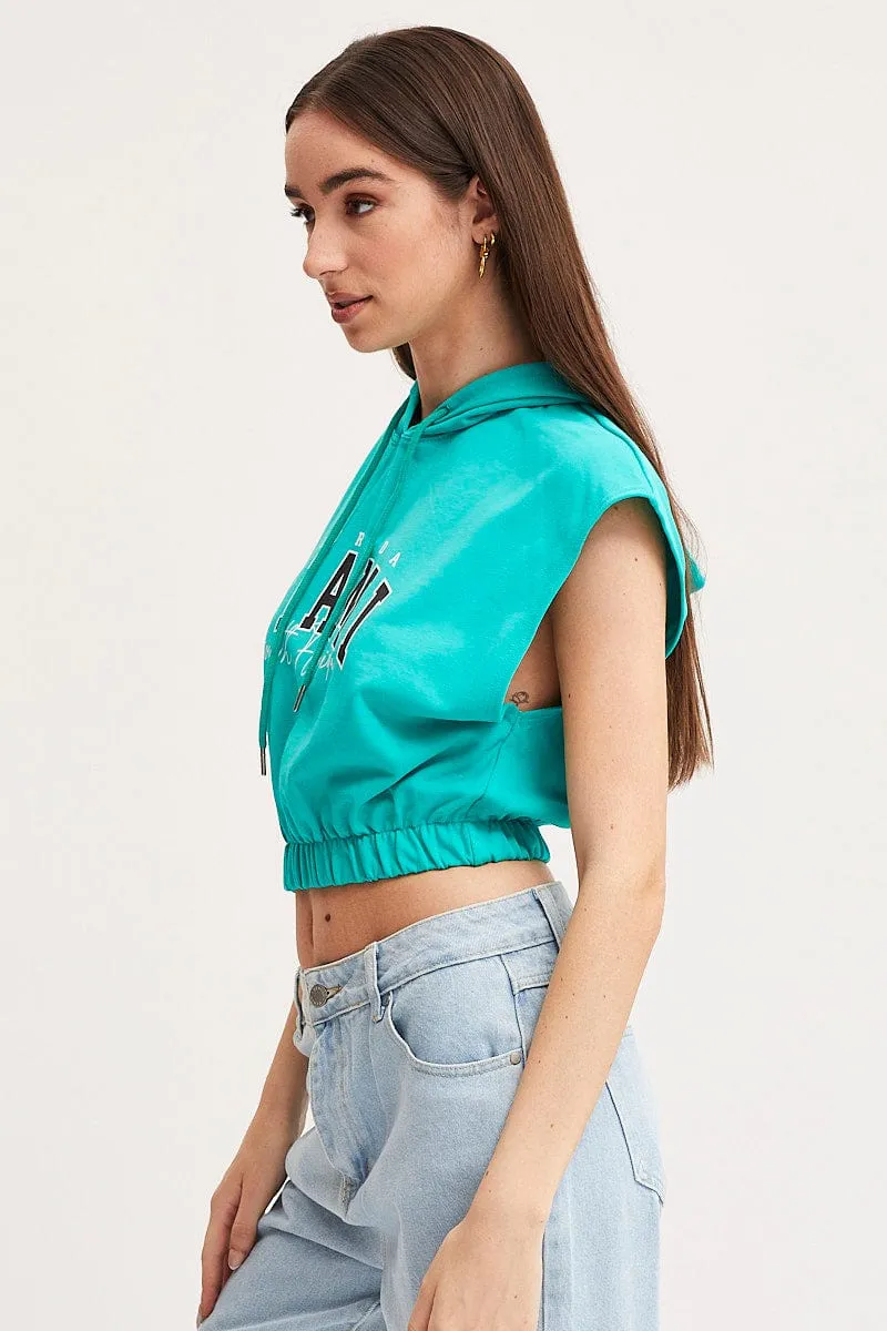 Green Crop Hooded Sweat Short Sleeve appropriate for autumn