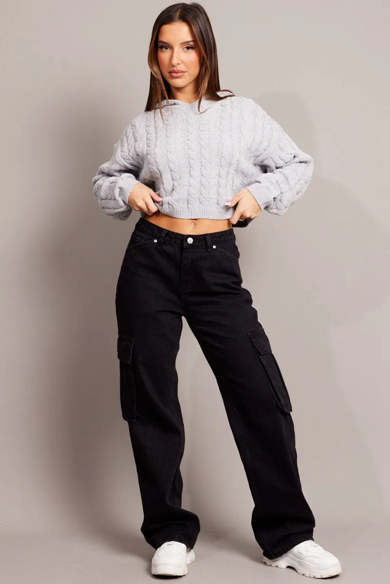 Grey Cable Knit Top Long Sleeve Hoodie Denim Urban Relaxed