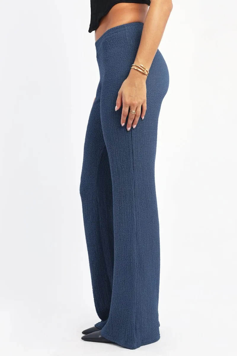 Blue Wide Leg Pants Textured Fabric Side zipper